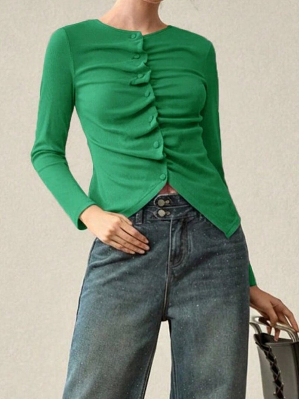 Green Casual Women's Ruched Knit Long Sleeve T-Shirt Top - Picture 5 of 6